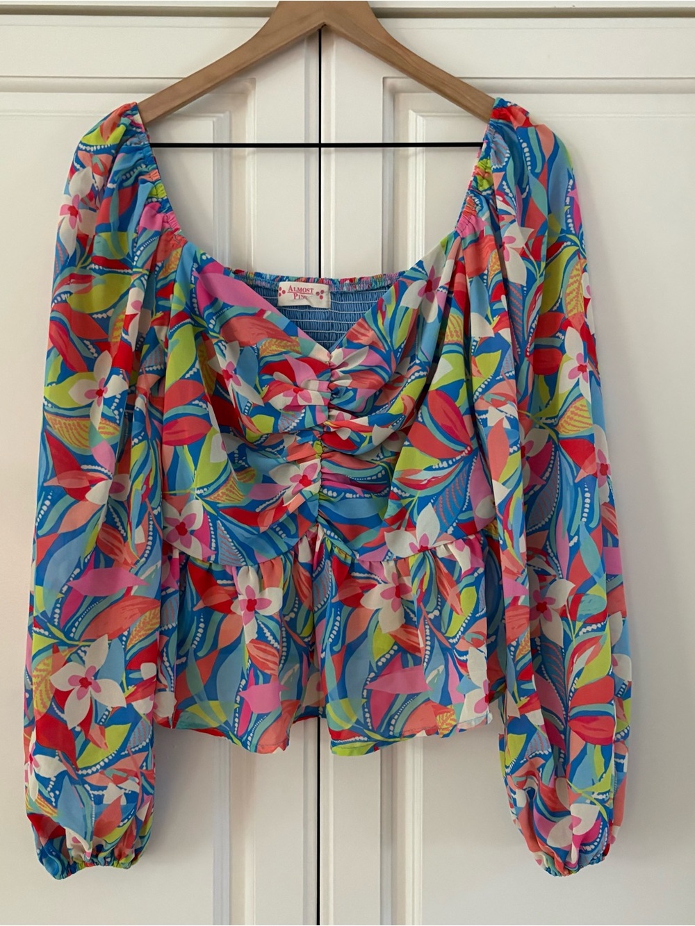 Almost Pink Small Vibrant Floral Cinched Top